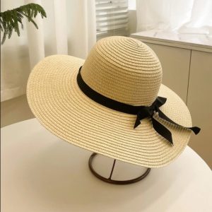 Women's Cute Stylish Summer Beach Hat With Black Ribbon In Boho Design Style in 2 Color Sets