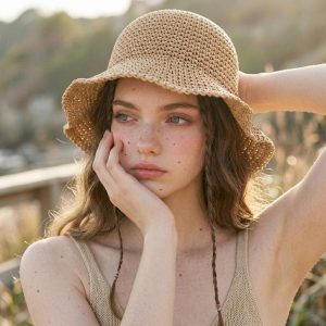 Handwoven Crochet Straw Bucket Hat Foldable Wide Brim Sun Hat Boho Women Gift