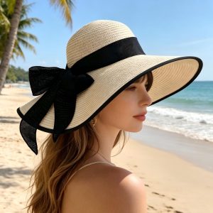 Oversized Straw Sun Hat for Women, Bow Tie Wide Brim Beach Hat, UV Protection Foldable Travel Summer Hat