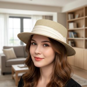 French Pearl Straw Hat Women, Style Wide Brim Sun Hat, Elegant Summer Boater Hat for Beach Vacation UV Protection