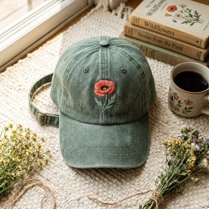 Red Poppy Flower Embroidered Baseball Cap, Washed Cotton Curve Brim Summer Hat