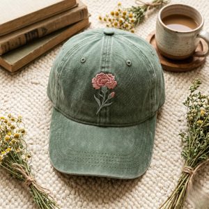 Embroidered Carnation Washed Cotton Baseball Cap, Floral Hat