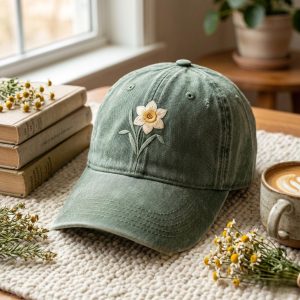 Daffodil Flower Embroidered Baseball Cap, Washed Cotton Curve Brim Summer Hat