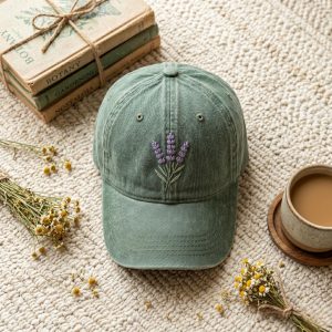 Embroidered Lavender Flower Baseball Cap: Washed Cotton Summer Hat