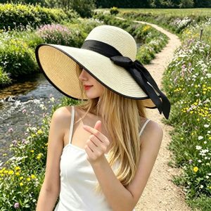 Women's Straw Sun Hat with Bow, Wide-Brimmed Summer Hat, Elegant Beach Hat |Wide Brim Bow Sun Hat|Outdoor Sun Protection Floppy Hat|Her Gift