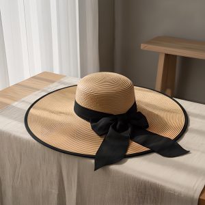 Women's Beach Hat, Straw Sun Wide Brim, Khaki Black Trim, Summer Vacation