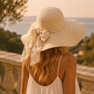 Women's Wide Brim Straw Hat – Beige & Black Boho Sun Hat – Summer Sun Hat – UV Protection for Beach and Vacation – Boho Chic Hat