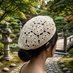 Crocheted Flower Beret – Japanese Style Hollow Out Cap, Breathable Beige Hat