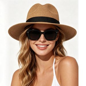 Unisex Summer Sun Protection Wide Brim Straw Hat, Beach Sun Visor Panama Woven Hat For Travel & Seaside